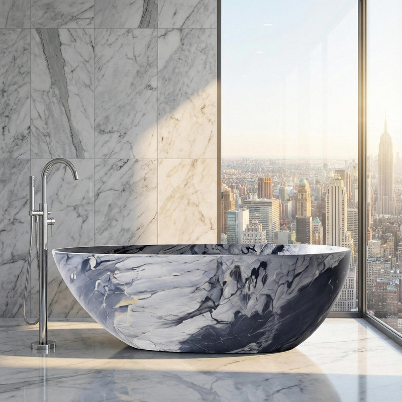 CASAINC 59"x 30.65" Freestanding Solid Surface Soaking Bathtub,Egg-Shaped with Marble Look, Grey Marble