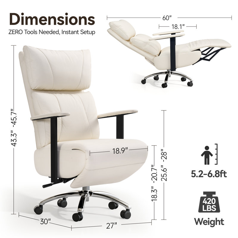 Modern Reclining Office Chair with Adjustable Headrest & Footrest – High Back 170° Executive Comfort in PU Leather, 420lbs Support