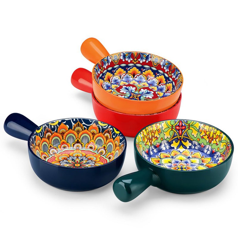  Set of 4 Ceramic Bowls, Bohemian Style Bowl Set with Decorative Decal Craftsmanship, Ceramic Dinnerware for Soup, Pasta, Salad & Breakfast