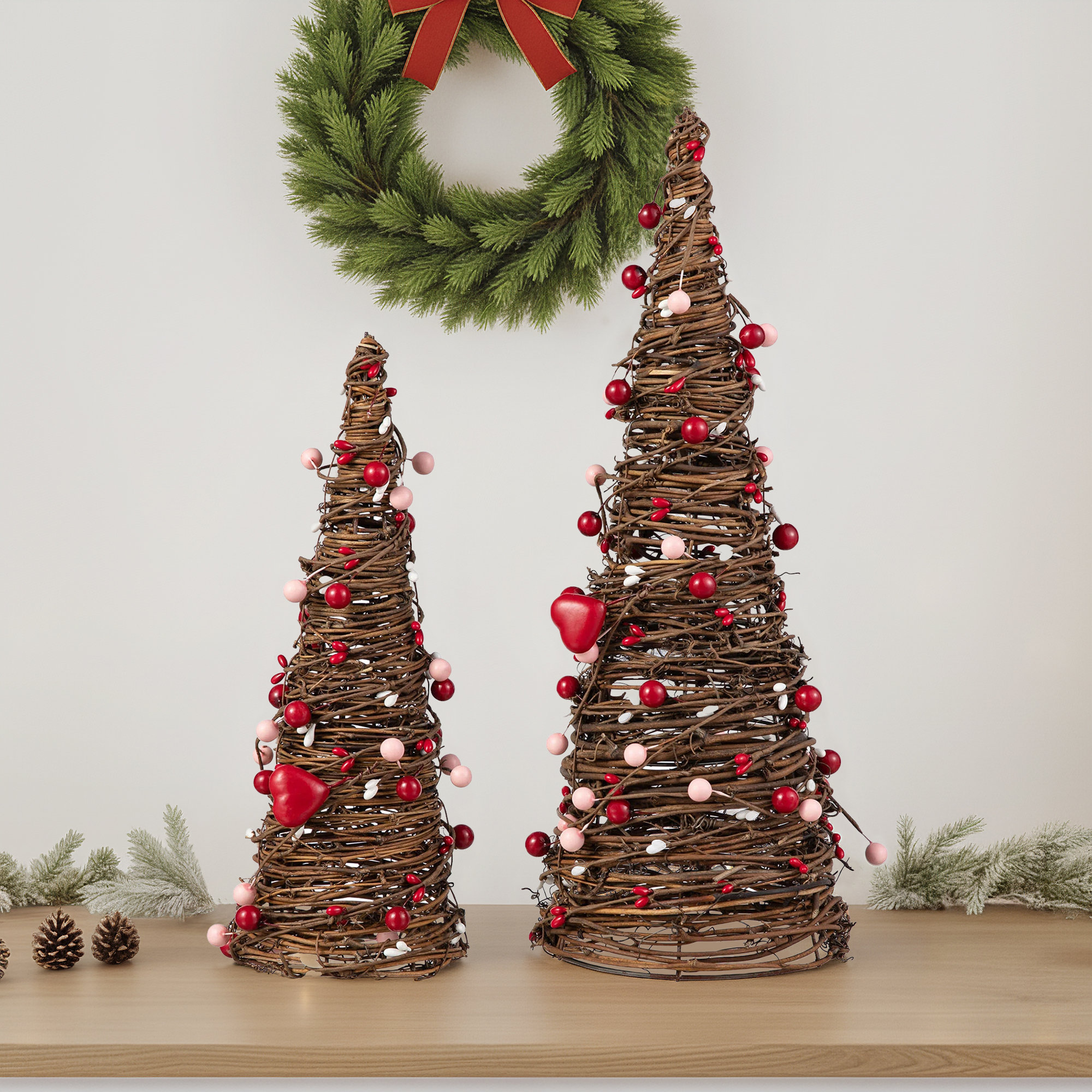 Set Of 2 Valentine's Rattan Heart And Berries Table Tree