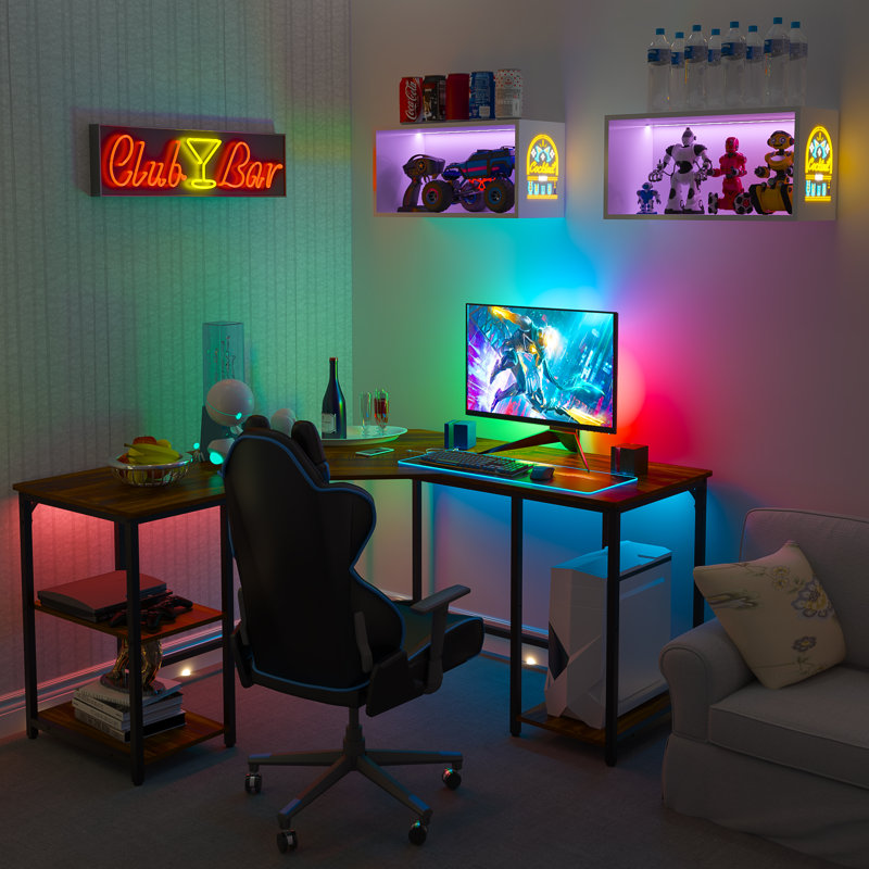 56.9" L Shaped Desk with Shelves Corner Computer Desk Large Table, Teak/Black