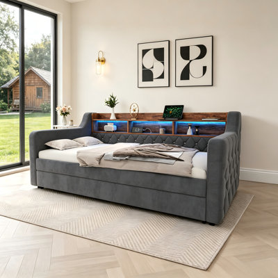 Upholstered Velvet Daybed with Trundle Bed