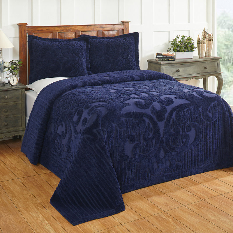 Ashton Chenille Bedspread Twin Size, 100% Cotton Floral Medallion Coverlet, Traditional Textured Heirloom Bedding, Soft Breathable All-Season Comfort, OEKO-TEX Certified, Machine Washable, Navy