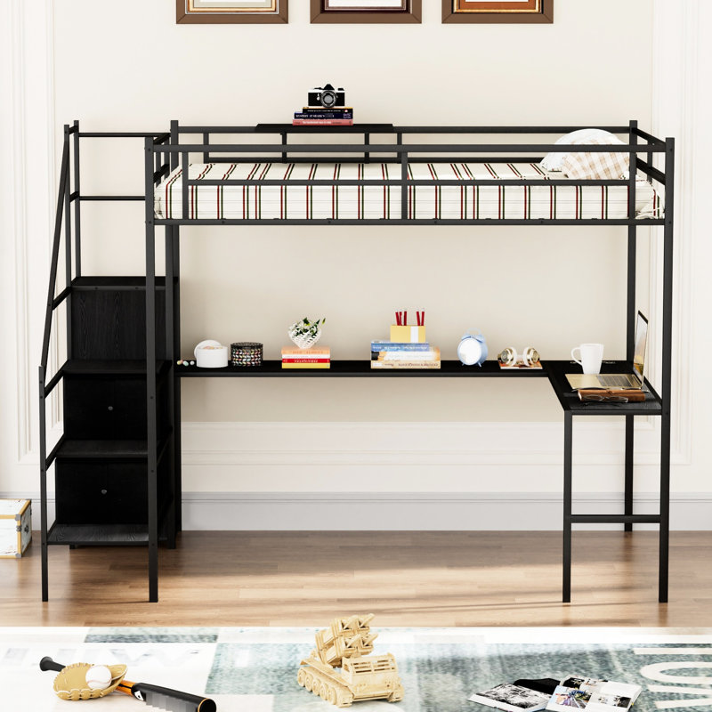 Lit double avec bureau en L, lumières à DEL et matériaux de qualité - Meuble de qualité supérieure