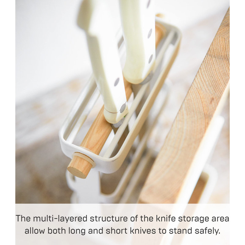 White Steel and Wood Countertop Knife and Cutting Board Organizer