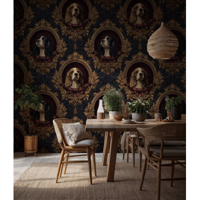 Murale rétro avec portrait de chien | Papier peint motif damassé baroque | Non-tissé ou pelez et collez