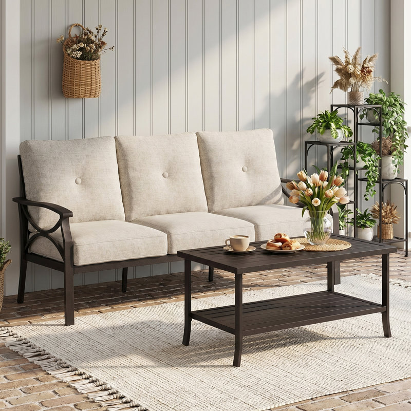 177.8cm Wide Straight Metal Sofa with Cushions, Khaki Cushion/Coffee Frame