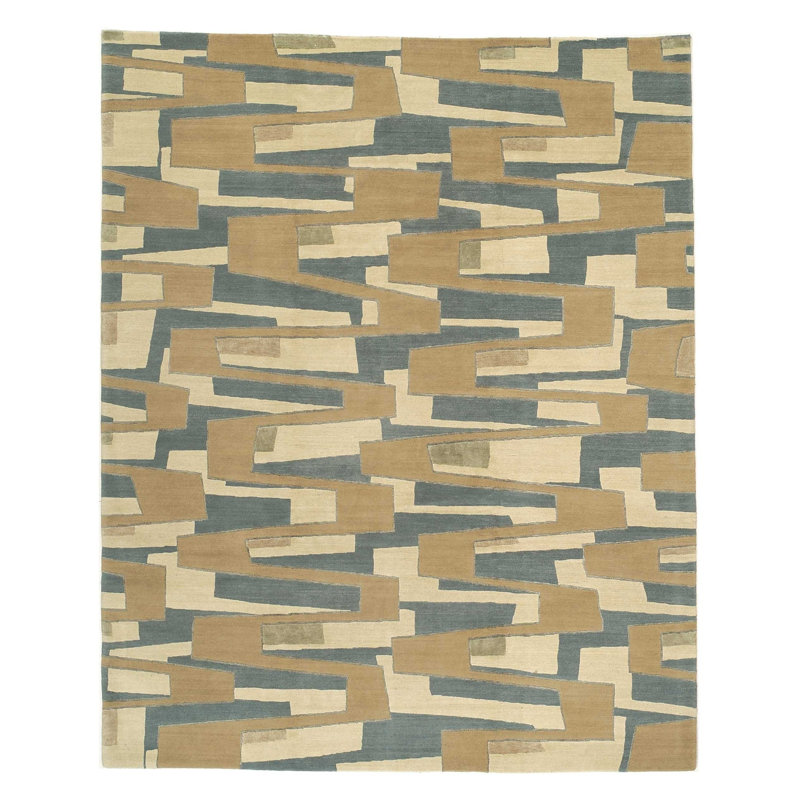 Zigzaggery Wool Geometric Area Rug in Beige/Blue, Rectangle 8' x 10'