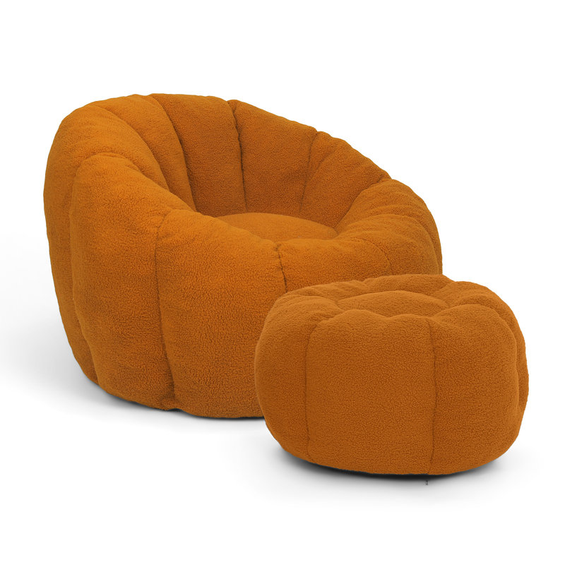 Compression 40"W Comfy Pumpkin Bean Bag Couch Sofa Chair,Soft Teddy Fabric Bean Bag Chair With Ottoman, Orange Teddy