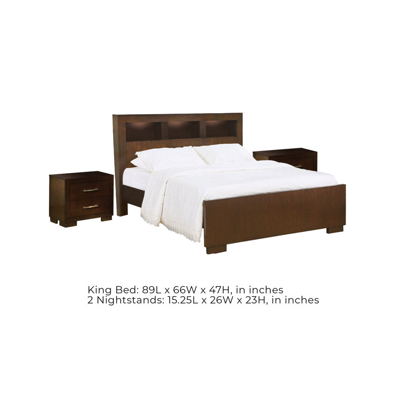 Ensemble de chambre pour très grand lit, brun, nickel argenté, 3 pièces avec 2 tables de chevet