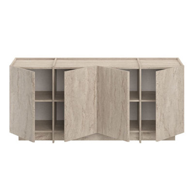 Modern Console Table with Numerous Shelves, Travertine Color, 70.9 x 31.5 x 17.7 inches | 100% Melamine Coated Particle Board, Thickness: 0.7 inches | Soft-Close Hinges & Stylish Design for Home & Office