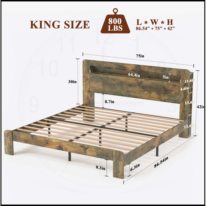 King Size Wooden Bed Frame with Storage, LED Light Headboard, USB Ports, and Easy Assembly, Dark Brown