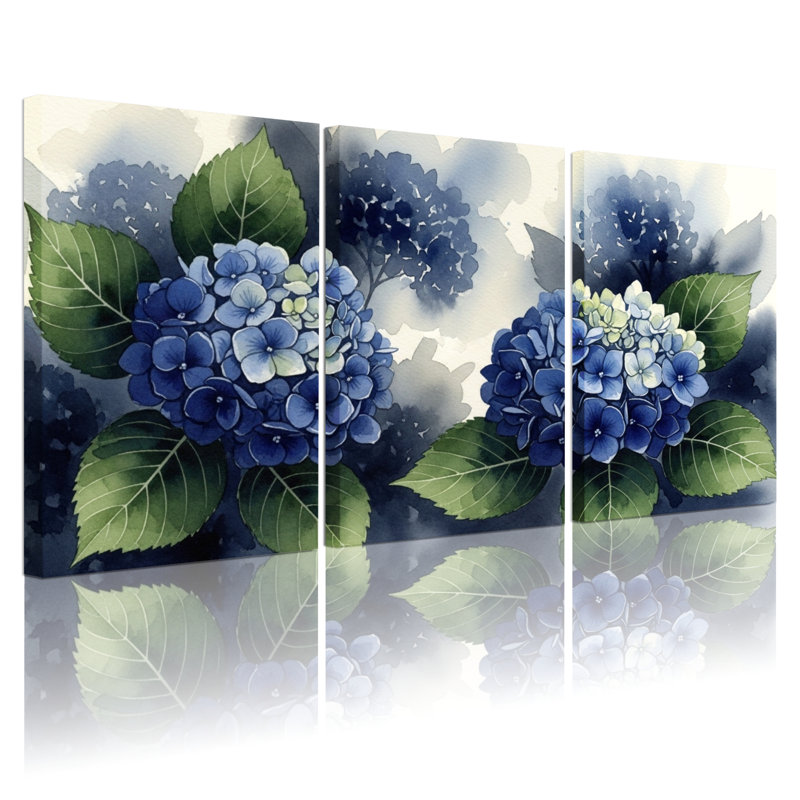 «Blue Hydrangea», reproduction d'art sur toile tendue à l'aquarelle (ensemble de 3), H 18 po x l 36 po