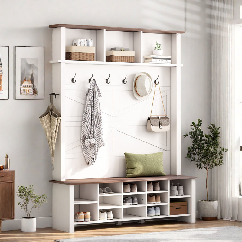 Farmhouse 4-in-1 Hall Tree With 6 Hooks, Entryway Bench With Adjustable Shelves, 16 Open Compartments And A Side Umbrella Rack
