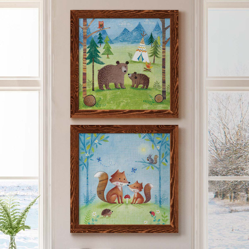 «Woodland Family Bears», ensemble de 2 peintures sur toile encadrées, H 17 po x l 34 po x P 1,5 po, Érable encadré
