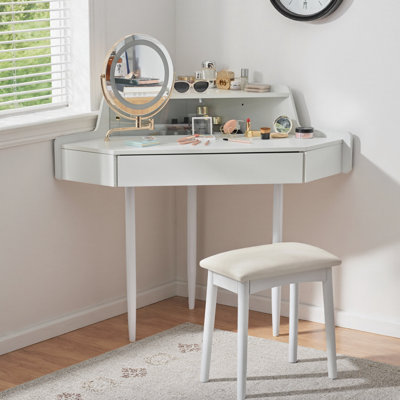 Meuble-lavabo de coin moderne avec miroir rotatif à 360 ° à DEL, coiffeuse à maquillage avec tabouret et rangement pour petits espaces, réglable en luminosité, blanc