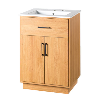 Meuble-lavabo avec lavabo en céramique, meuble de salle de bain moderne et traditionnel avec rangement pratique.