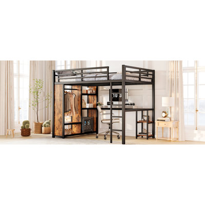 Black , Queen Loft Bed, Built - In Wardrobe With Dividers, Desk, Storage Shelves, Assembly Included Size Metal Bed Compartments, Fall Features
