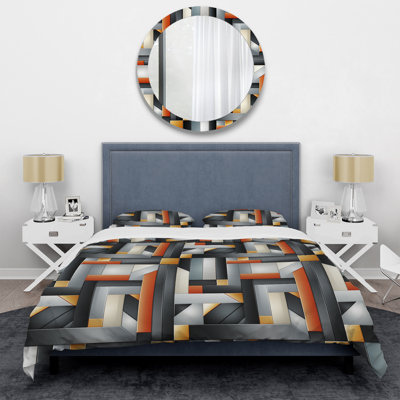 Ensemble de housse de couette en microfibre à motif géométrique orange et gris