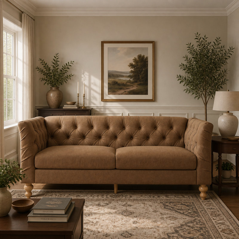 Canapé de 73,5 po Chesterfield, Similicuir brun