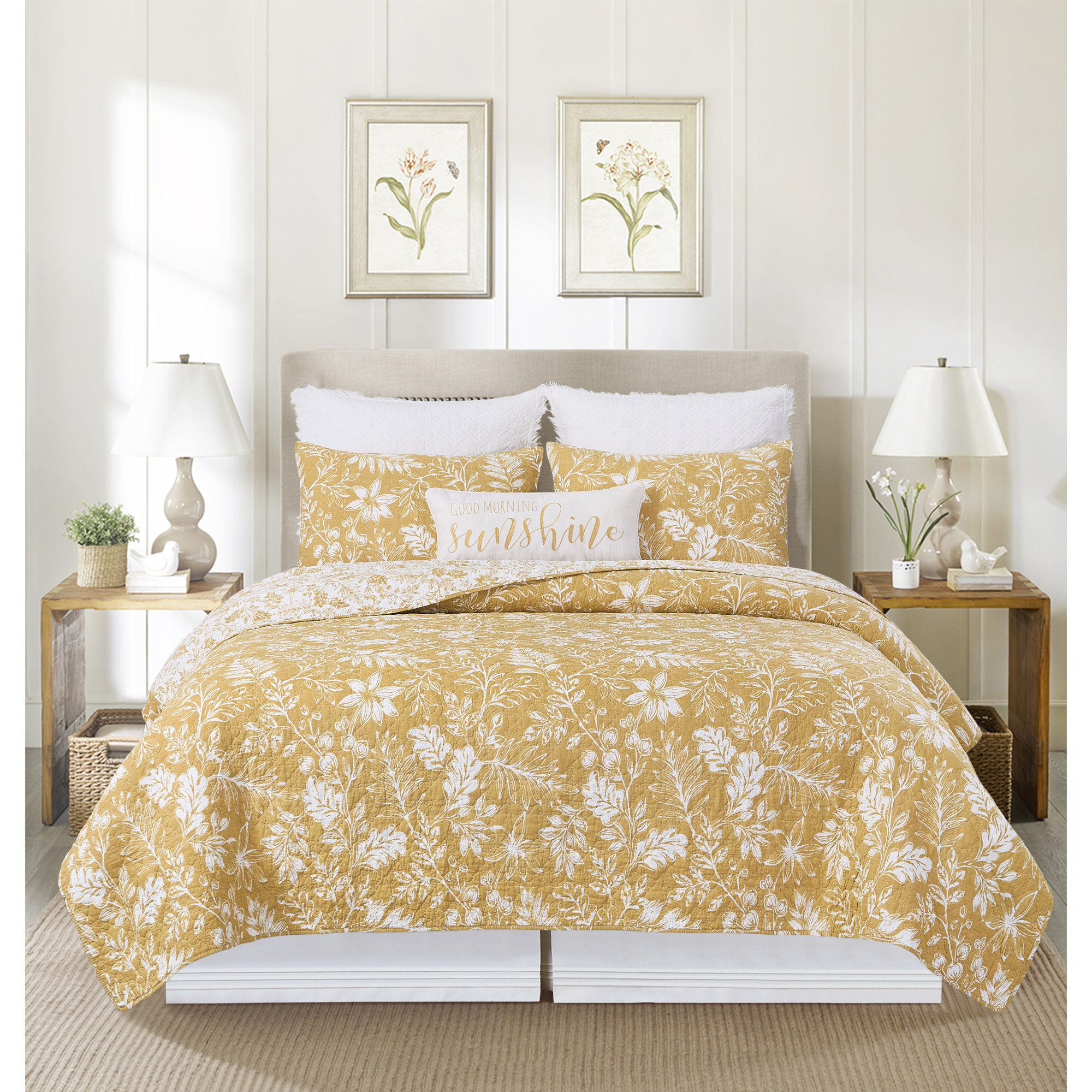 Everview Toile Cotton Quilt Bedding Set, King Quilt + 2 King Shams, Gold