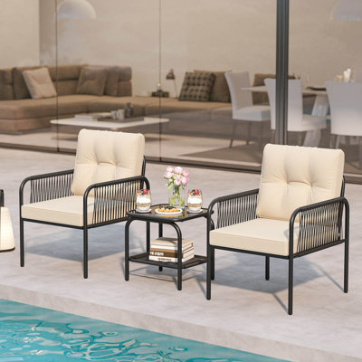 3 PCS Patio Bistro Set with Tempered Glass Table Chairs Back and Seat Cushions
