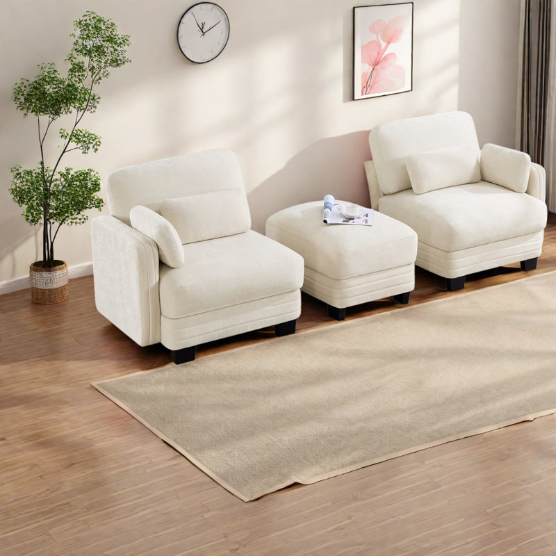 Canapés d'angle à compression, causeuse modulaire deux places en chenille beige, intérieur moderne