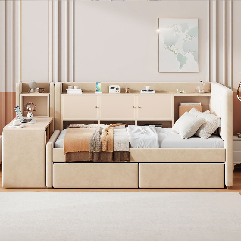 Lit de jour simple tapissier avec tiroirs, tablettes, armoires rabattables et table d'appoint, Beige