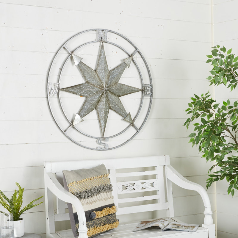Silver and Copper Metal Compass Wall Sculpture, 35"