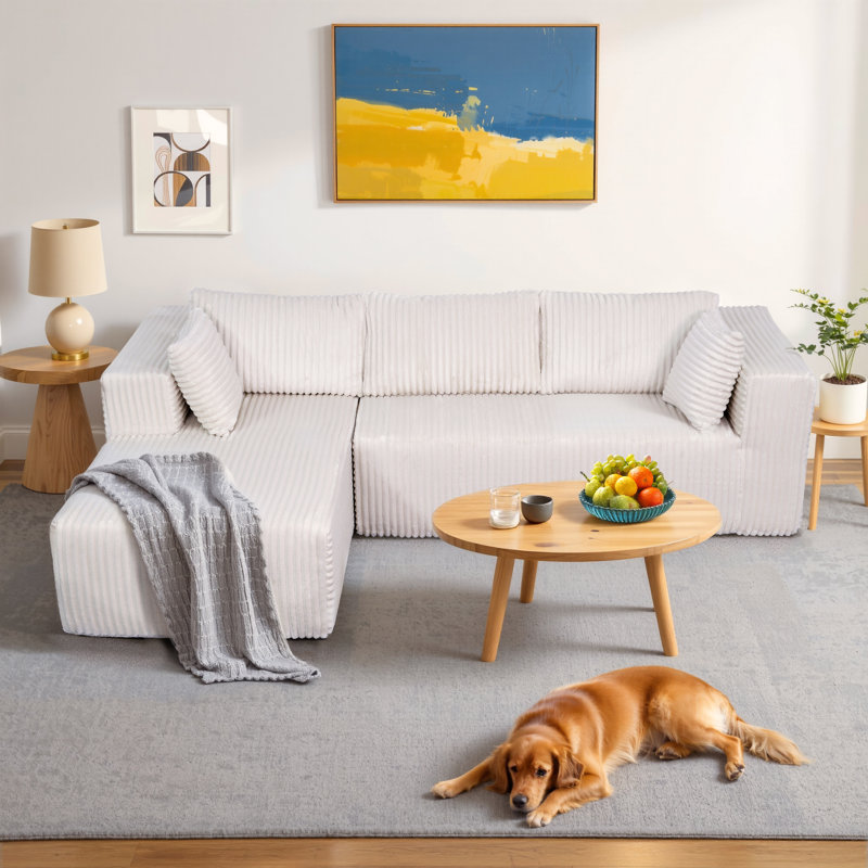 Canapé modulaire 105 po avec méridienne Cloud, siège profond modulaire, aucun assemblage requis, canapé rembourré en velours côtelé pour le salon, méridienne droite beige
