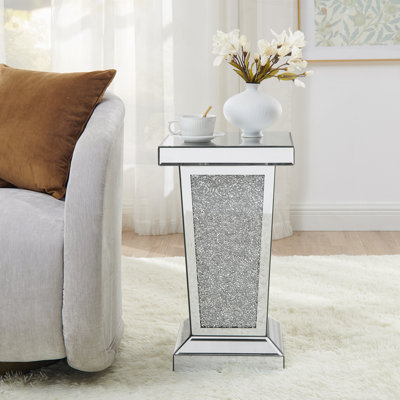 Table de bout en miroir argentée avec incrustation de cristal, table d'appoint moderne, table d'appoint, petite table basse carrée pour le salon, la chambre à coucher, le bureau, le couloir, le vestibule. L 13,8 po x P 13,8 po x H 23,6 po