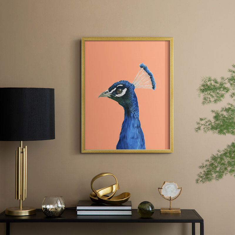 Peach Peacock Portrait II Framed Print - Solid Wood, H 15 po x l 12 po, Gold