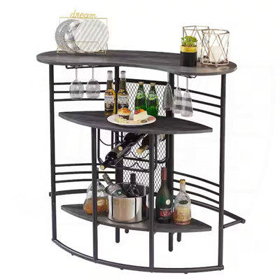 Table de bar ovale avec comptoir en bois et rangement pour bouteilles de vin, support à boulanger pour salle à manger, gris