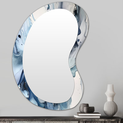 Gerdineke Blue and Grey Ethereal Elixir II - Abstract Unique Shape Decorative Mirror, Blue Asymmetrical Wall Mirror, Printed Metal Art