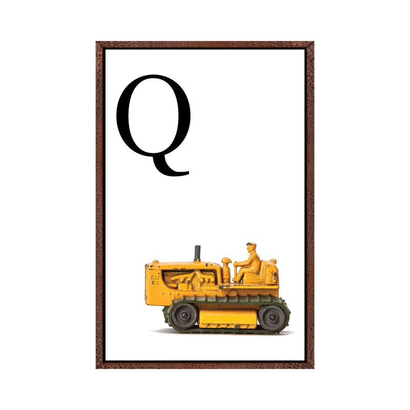 Q Bulldozer Yellow White Letter - Print on Canvas, 101.6 cm H x 66.04 cm W, Classic Brown Wood Framed