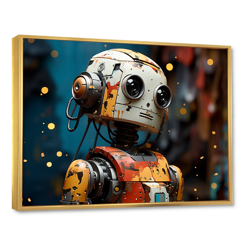 Popart Robot Fusion I - Art mural Pop Art, Cadre flottant doré, H 34 po x l 44 po x P 1,5 po