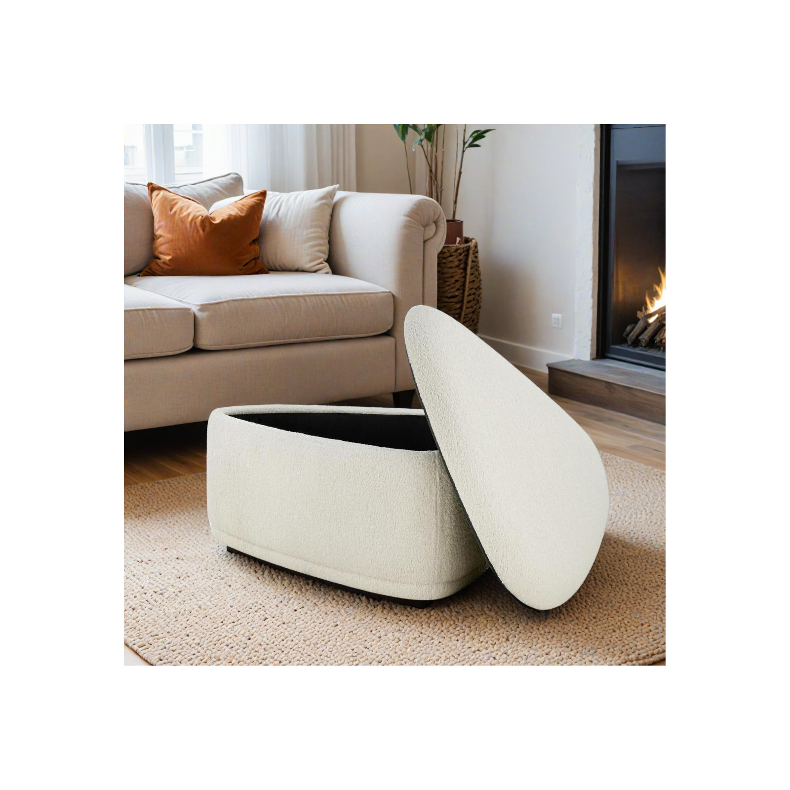 Adna 44'' Triangular Upholstered Storage Ottoman, Aries Cream Sherpa