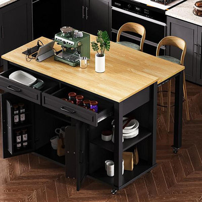 47 Inch Kitchen Island With Extendable Dining Table, Rubber Wood Veneer Kitchen Table With Internal Storage Rack, Power Outlet, Kitchen Island With Storage 2 Drawers 2 Cabinet, Black