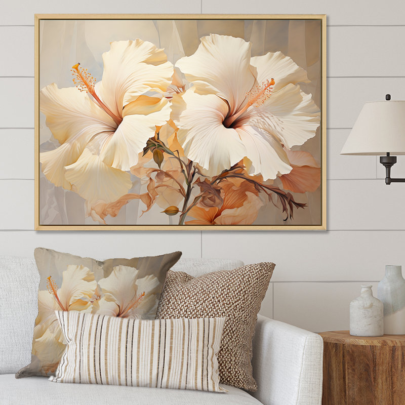 Hibiscus beige II, reproduction d'art sur toile, Cadre naturel flottant, H 34 po x l 44 po x P 1,5 po