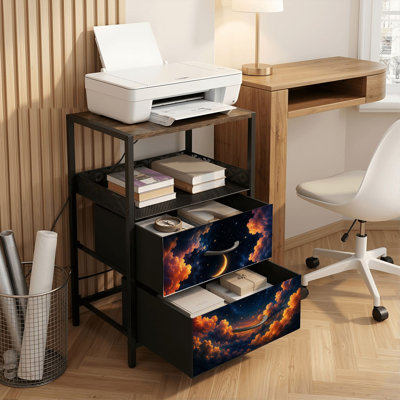 Nightstand with Charging Station, 2 Drawer Bedside Table with USB Ports and Outlets, Open Shelf, Black Night Stand for Bedroom Living Room Crescent Moon Dramatic Orange Clouds Starry Night Sky Print