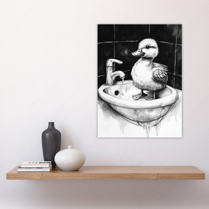 Cute Duckling Sink Bath Time Black Drawing Wall Art Print