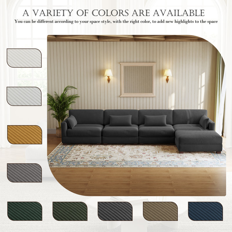 Canapé modulaire Maelina, H 30,7 po x l 161,4 po x P 68,1 po, Velours côtelé gris