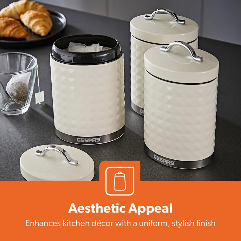 GEEPAS Argyle Tea Coffee Sugar Canister & Bread Bin Set | 13L Bread Box 1.4L Airtight Canister Set | Carbon Steel Build Kitchen Counter Storage Space Saver | 2 Year Warranty