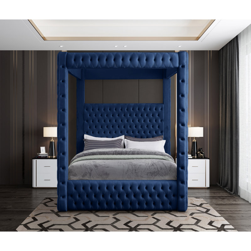 Ekke Upholstered Platform Bed, Navy Velvet, Queen