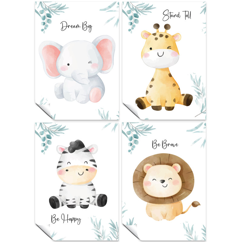 Safari Elephant, Giraffe, Lion, And Zebra - 4 Piece No Frame Print Set, 42cm H x 29.7cm W