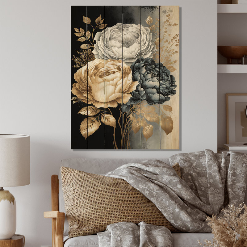 Alexya - bouquet de roses blanches, dorées et noires I - impression sans cadre sur bois, H 40 po x l 30 po x P 1,5 po