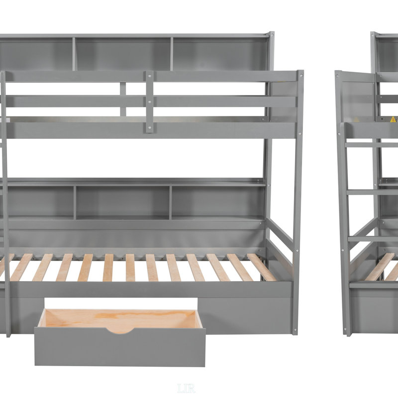 Lit superposé simple avec tablettes intégrées et tiroir de rangement, gris, parfait pour un usage peu encombrant et multifonctionnel