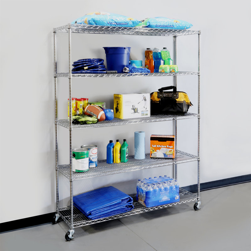 UltraDurable 5-Tier Silver Steel Shelving Unit with Wheels
