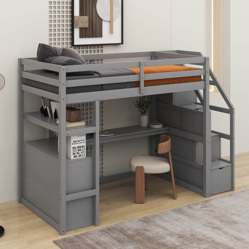 Lit mezzanine simple avec bureau et tablettes, Gris