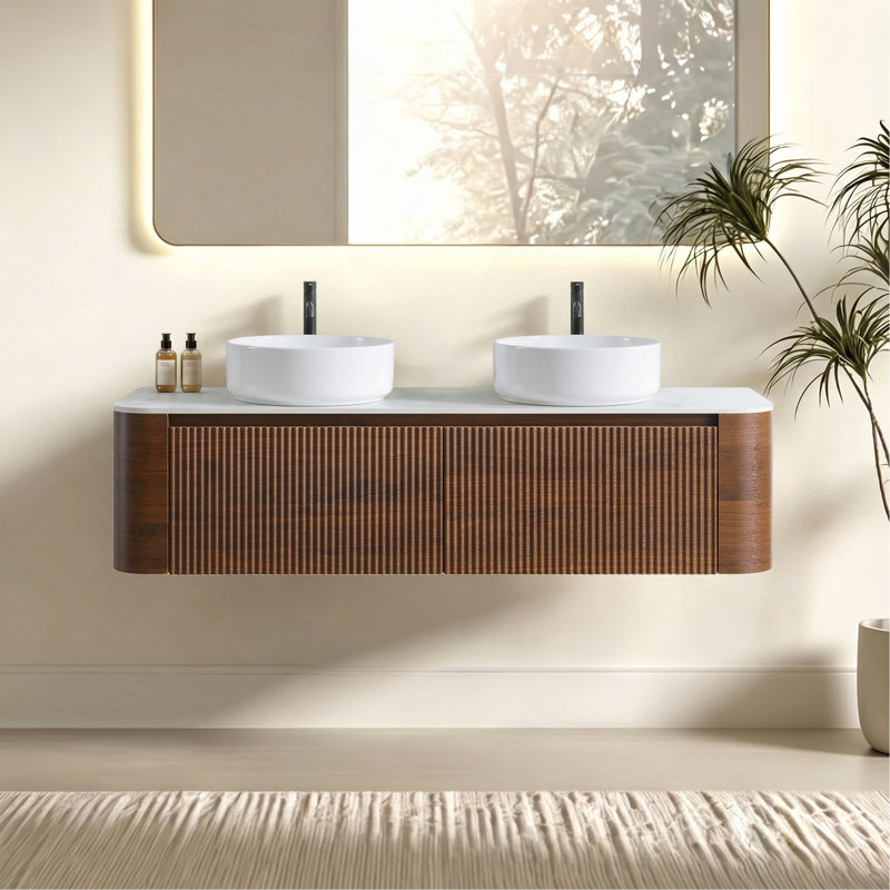 Meuble-lavabo Erba de 60 pouces avec lavabo, armoire murale avec porte-serviettes offert, lavabo double en céramique, sans bonde ni robinet, préassemblé